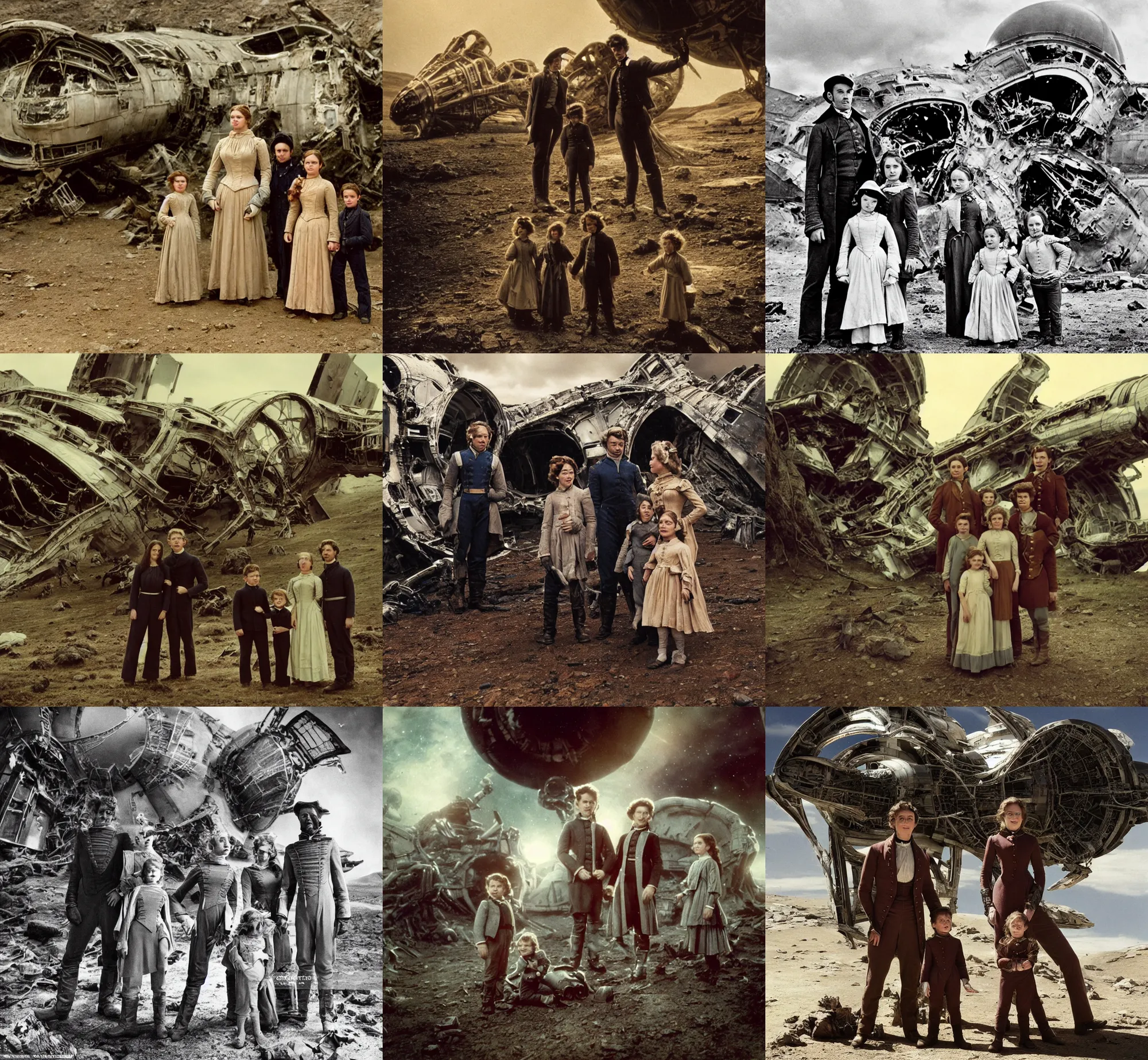 Prompt: extremely sharply detailed, from blockbuster sci fi 9 6 k color movie freeze frame, set 1 8 6 0, family standing in front of crashed spaceship, on alien planet, looking happy, wearing 1 8 5 0 s era clothes, atmospheric lighting, in focus, reflective eyes, - 1 7 5 mm macro lens, live action, nice composition, good photography, clear facial details