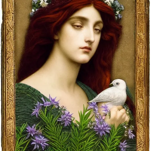 Prompt: Beautiful Pre-Raphaelite goddess of nature holding a little bird, in the style of John William Godward and Dante Gabriel Rossetti, close-up portrait, head in focus, flowers and plants, etheric, moody, intricate, mystical,