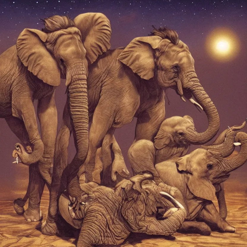 Prompt: elephant, lion, and fish strange anatomy in a desert at night. pulp sci - fi art.