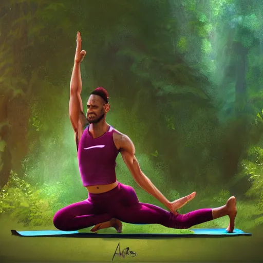 Image similar to lebron james doing yoga in the forest, made by stanley artgerm lau, wlop, rossdraws, artstation, cgsociety, concept art, cgsociety, octane render, trending on artstation, artstationhd, artstationhq, unreal engine, 4 k, 8 k