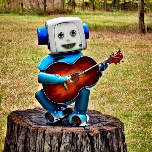 Prompt: bluegrass robot playing banjo, sitting on a stump