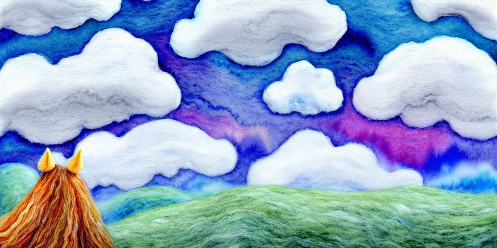 Image similar to A watercolor art of Mumintroll character in shape of wool felting amazing clouds, illustration by Irena Žviliuvienė, book cover, colorful background with mountains, 4k resolution, ultra detailed, matte painting, tarot card style, character design