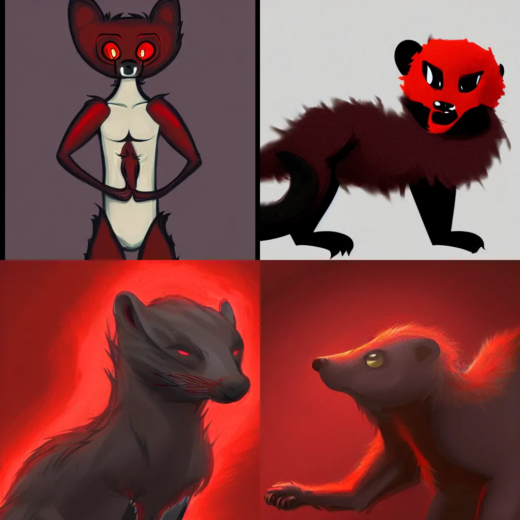Prompt: anthropomorphic / humanoid red / black furry weasel / stoat furry fandom fursona, detailed concept art, haunted eyes, engulfed in a dark cloud of ominous smoke