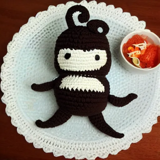 Prompt: crochet octopus eating sushi, photo realistic, indoor lighting