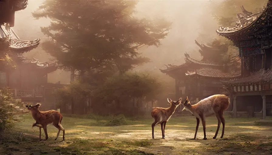 Prompt: craig mullins and ghibli digital illustration of 2 deers and camers a broken chinese temple unreal engine, hyper realism, realistic shading, cinematic composition, realistic render, octane render, detailed textures, photorealistic, wide shot