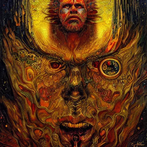 Image similar to Visions of Hell by Karol Bak, Jean Deville, Gustav Klimt, and Vincent Van Gogh, nightmare portrait, infernal, visionary, otherworldly, fractal structures, ornate gilded medieval icon, third eye, hellfire, stygian, spirals