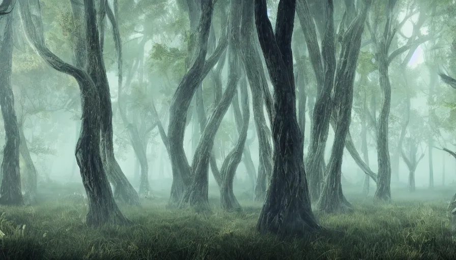 Prompt: Walking trees in a forest, light fog and a swamp, hyperdetailed, artstation, cgsociety, 8k
