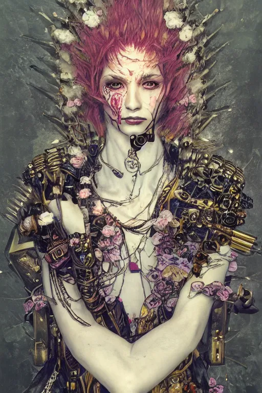 Image similar to portrait of beautiful young gothic man, cyberpunk armor, a lot of scars, more and more flowers, japanese style, warhammer, highly detailed, artstation, illustration, art by gustav klimt