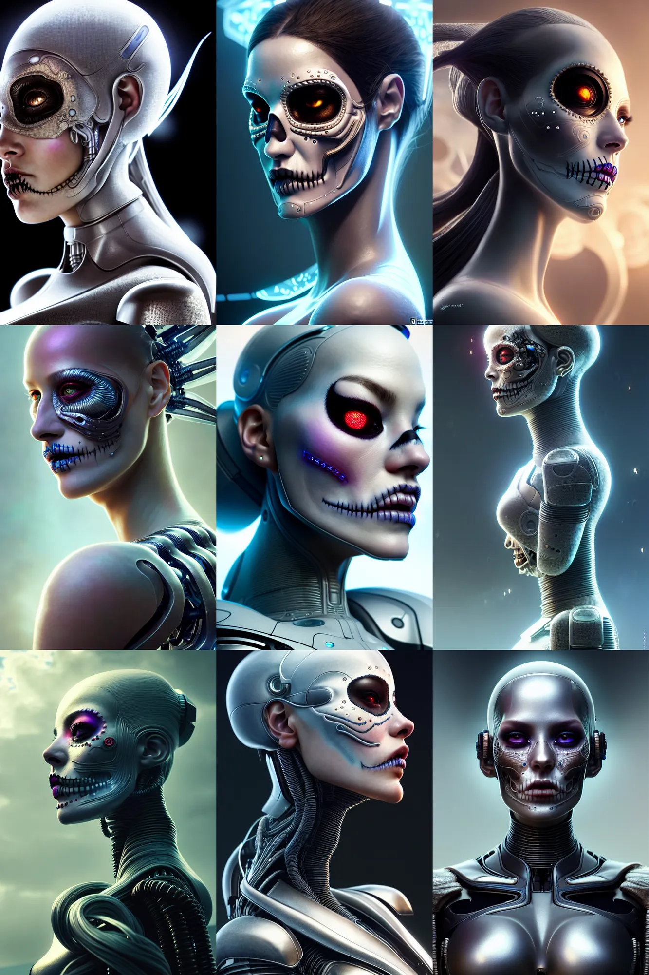 Prompt: ultra detailed side portrait of female android, smoke!!!!, sharp focus, sci - fi, fantasy art, digital illustration, dia de los muertos. octane render, unreal engine, global illumination, intricate detailed environment. concept art. art by artgerm and wlop and giger and greg rutkowski and rossdraws and alphonse mucha, 8 k