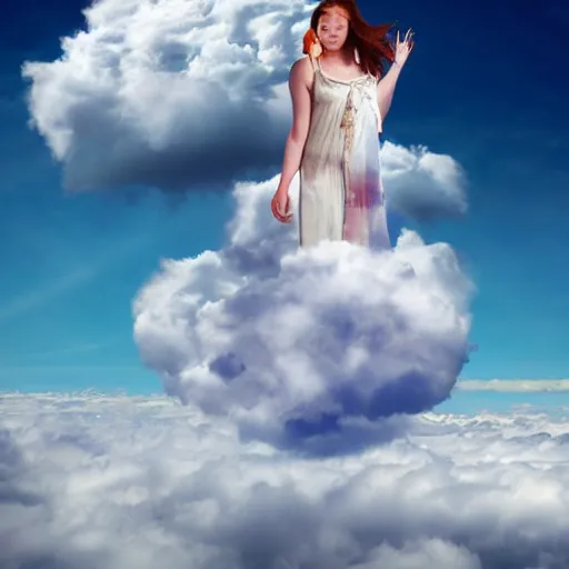 Image similar to goddess wearing a cloud fashion on the clouds, photoshop, colossal, creative, giant, digital art, photo manipulation, clouds, sky view from the airplane window, covered in clouds, girl clouds, on clouds, covered by clouds