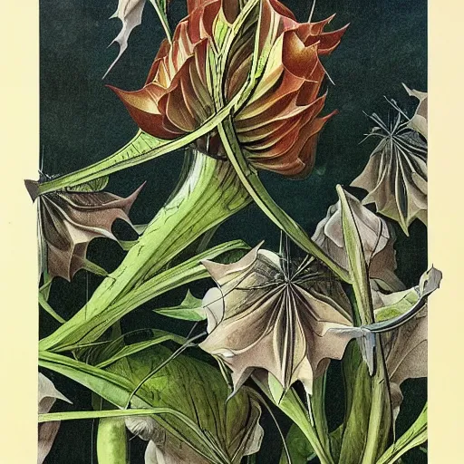 Prompt: close relationship between datura stramonium and men, mythical full of symbolism picture, hyper detailed, hyper realistic, warm colours, symbiosis