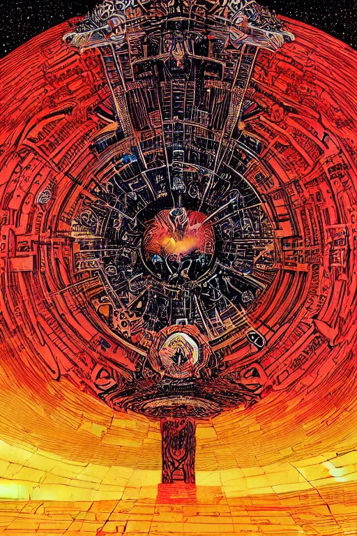 Image similar to a painting of a blazing geometric sun above a techno sentinel, detailed, 4 k, by stanley donwood philippe druillet and victo ngai,
