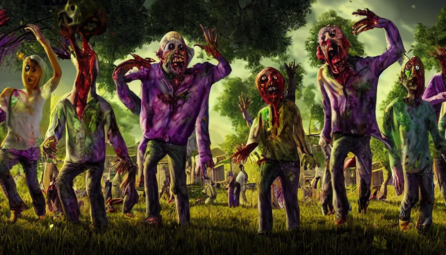 Image similar to night of the living dead by lisa frank's. rotting corpse, zombies, octane render, unreal 5 8 k depth of field, highly - detailed, in the style of squidbillies