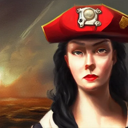 Image similar to intelligent female pirate captain 3 5 years old, 1 9 4 0 s haircut, fully clothed, wise, beautiful, 1 7 5 0 s oil painting, dramatic lighting, trending on artstation, sharp focus