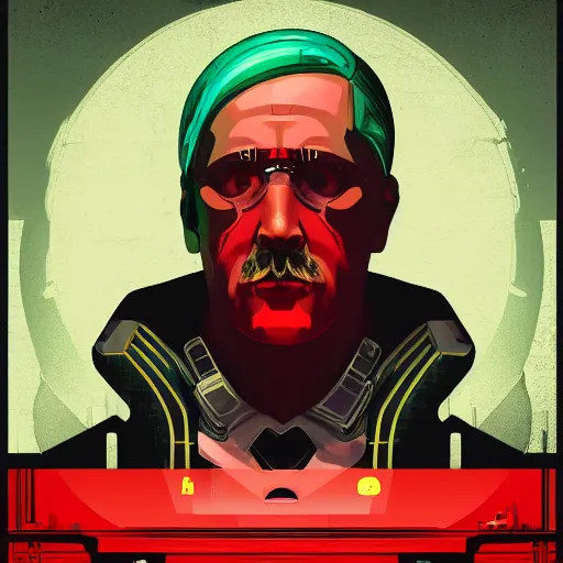 Prompt: cyberpunk adolf hitler as the leader of a futuristic communist nation, cybernetics, sharp lines, digital, artstation, colored in