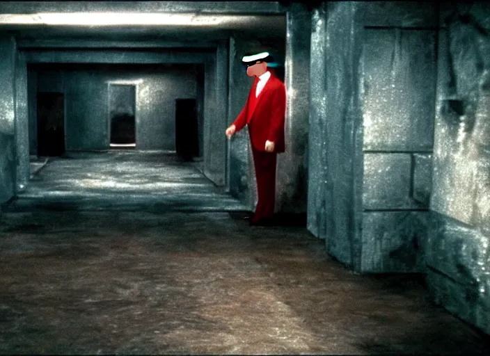 Prompt: screenshot from moody scene of Donald Trump in a lair, scene from the film Batman and Rob 1997 film directed by Joel Shoemacher, kodak film stock, anamorphic lens, 4K, detailed set design, stunning cinematography