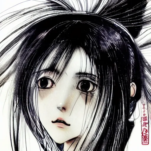 Image similar to Yoshitaka Amano dreamy illustration of an anime girl with white hair and cracks on her face wearing dress suit with tie fluttering in the wind, abstract black and white patterns on the background, head turned to the side, noisy film grain effect, highly detailed, Renaissance oil painting, weird portrait angle