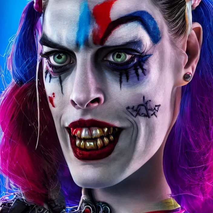 Image similar to portrait of Anne Hathaway as a harley quinn in Suicide Squad. HD,4K. intricate. intricate artwork. by Tooth Wu, wlop, beeple, dan mumford. octane render, trending on artstation, greg rutkowski very coherent symmetrical artwork. cinematic, hyper realism, high detail, octane render, 8k, iridescent accents