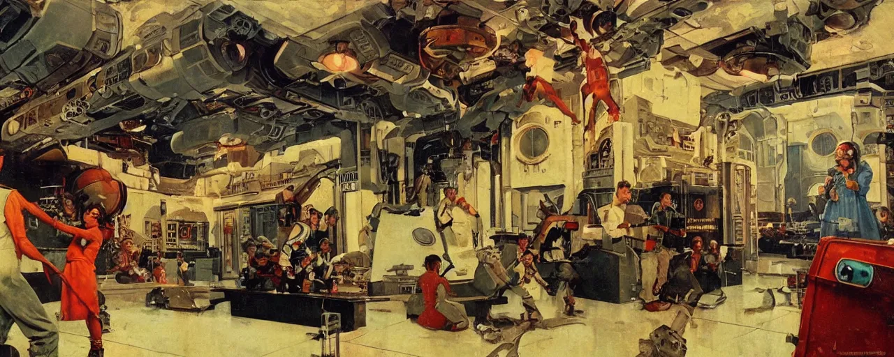 Image similar to Soviet era science fiction set painted by norman rockwell and tom lovell and frank schoonover, cinematography by Yo-Yo Ma, composition by Fritz Lang