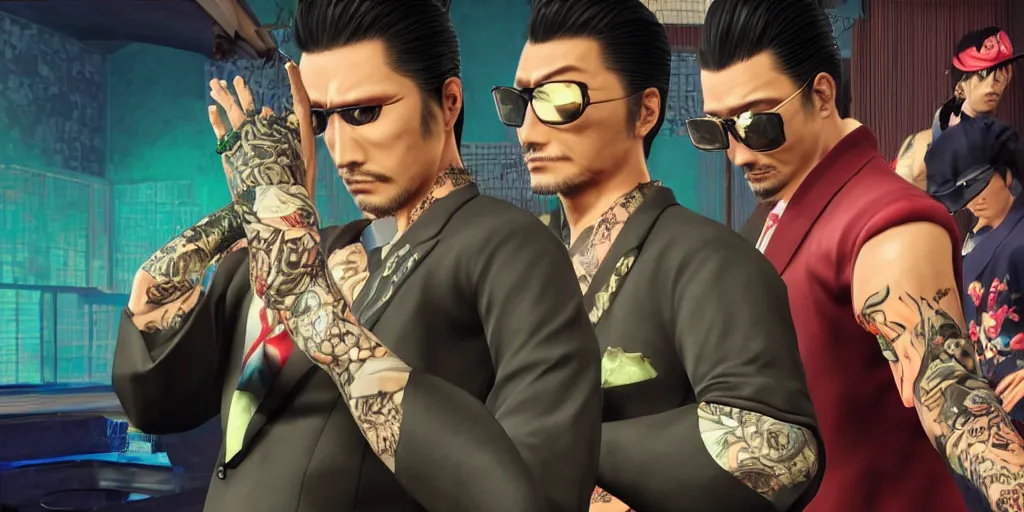 Prompt: Yakuza Kiryu Kazuma and Majima Goro, beautiful, gracious, true color, bioluminescent skin, ultra detailed, ultra realistic