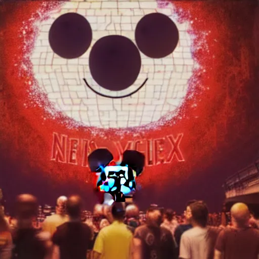 Prompt: a group of people around a giant giant mickey mouse head with blood, netflix logo, cyberpunk art by david lachapelle, cgsociety, dystopian art by industrial light and magic, concept art, neons, interior