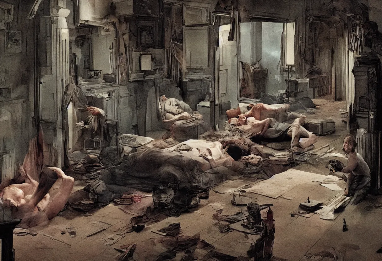 Image similar to high quality high detail cinematic graphic novel by gregory crewdson and francis bacon