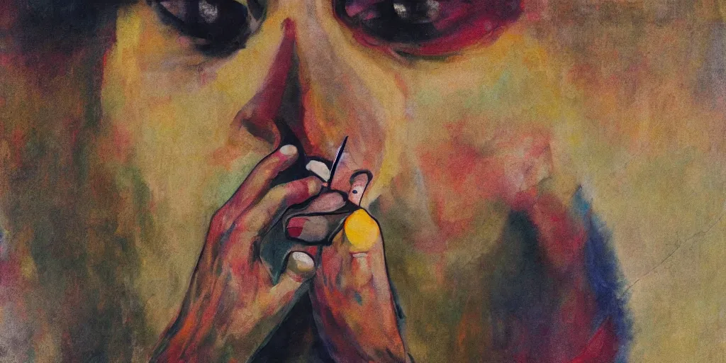 Image similar to abstract painting of a man removing a nail from his third eye