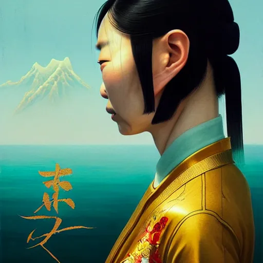 Prompt: portrait of a chinese woman :: side profile :: blood :: background sea :: intricate details in gold :: oxygen implant :: 8k :: simon stalenhag and Sandra Chevrier