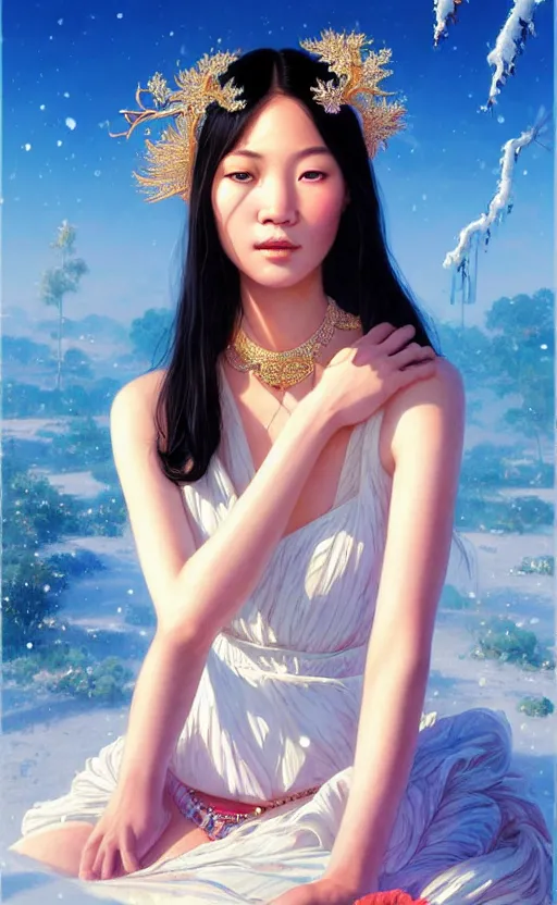 Image similar to a beautiful young charming asian goddess with sundress + jewelry + shinny eyes | | winter, symmetric, realistic shaded, unpleasant face, good looking, fine details, dior, lv, realistic shaded lighting poster by greg rutkowski, macoto takahashi, magali villeneuve, artgerm, jeremy lipkin and michael garmash