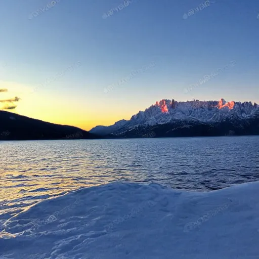 Image similar to sun setting over Italian Lake, snowy mountains in the background,