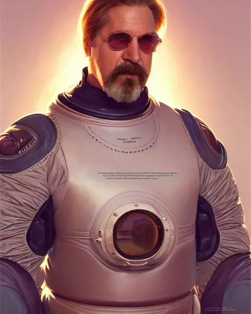 Image similar to portrait of the dude from the big lebowski, spacesuit, vivid eyes, real life skin, intricate, elegant, highly detailed, artstation, concept art, smooth, sharp focus, art by artgerm and greg rutkowski and alphonse mucha