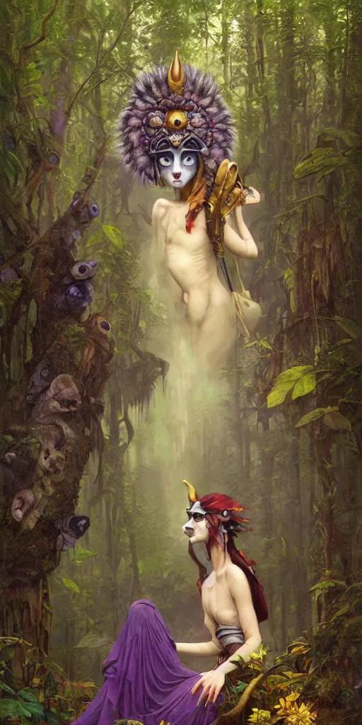 Image similar to hyper realistic Princess Mononoke in her mask, lush rainy forest landscape, wolves, magic, castle, jewels, style of tom bagshaw, mucha, james gurney, norman rockwell, gems and gold, waterfalls, denoised, sharp, yellow purple colours,