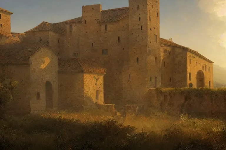 Prompt: monteriggioni highly detailed digital painting art artgerm greg rutkowski courtyard neoclassical atmospheric hazy rays sunrise golden hour trending artstation