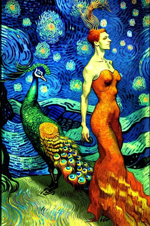 Prompt: the vision of the universal peacock by andrew ferez and vincent van gogh, symbolist, visionary