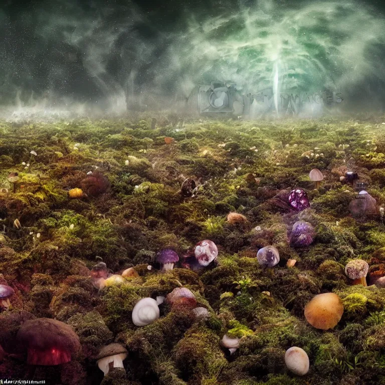 Image similar to a planet of various fungus, mushrooms and plants, inside the picture is infinity, Atmospheric phenomenon, artistic photography, muted colors, conceptual, long exposure outside the city, volumetric light