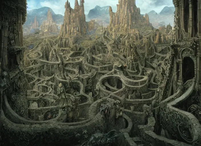 Image similar to jim henson's labyrinth an impossible maze filled with twisted turns a goblin city and a castle looming in the background by edgar maxence and caravaggio and michael whelan and delacroix style, artistic, intricate painting, cinematic lighting, hyper realistic, extremely detailed, establishing shot, 8 k resolution, dramatic lighting