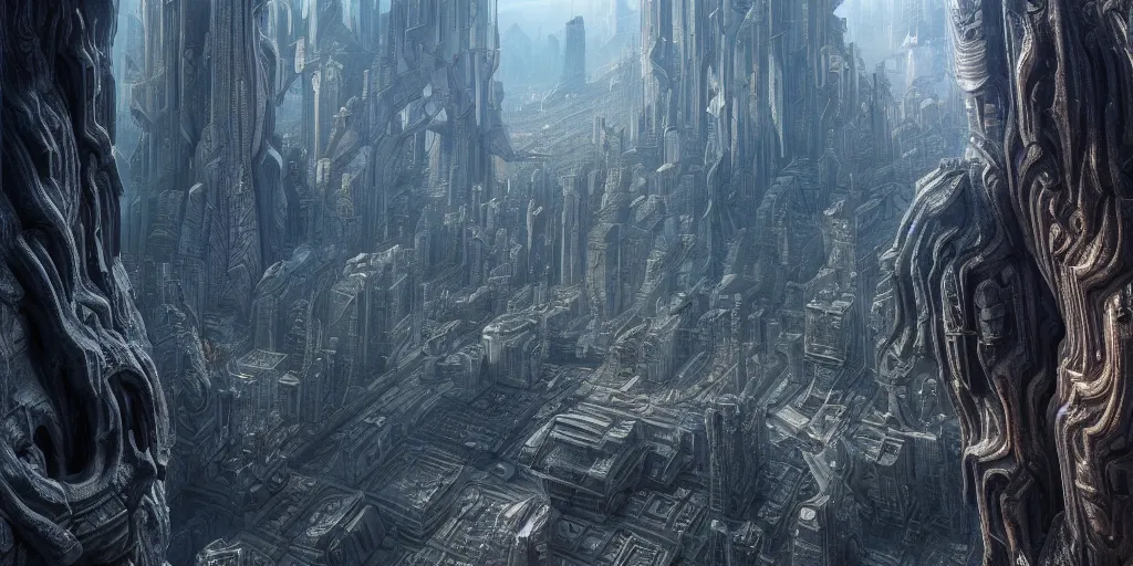 Image similar to ultra detailed, futuristic cityscape carved into mountain wall, cyberpunk, fantasy, intricate details, professional digital painting, photorealistic, surreal, artstation, concept art, smooth, sharp focus, atmospheric, hyperdetailed, Unreal Engine 5, cinema 4D, zbrush, octane render, Photorealism, 8k, cinematic, art by h.r. giger and artgerm and greg rutkowski and alphonse mucha and loish and WLOP