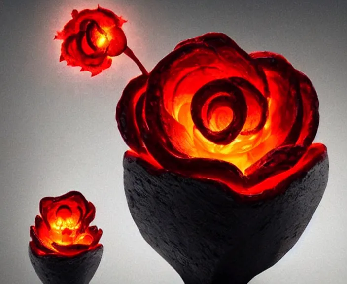 Prompt: a lava sculpture of a rose flower, digital art by studio ghibli and greg rutkowski, warm colors, beautiful, hyperrealism artstyle, amazing lighting