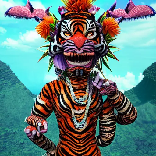 Image similar to a detailed 3 d render of a very fashionable hindu god demon tiger wearing cybergrunge hawaiian clothing tropical volcanic ocean landscape background by beeple and stephen gilliam, junji ito, kubrick, william blake, octane renderer, vray, 8 k, zbrush, c 4 d, cgsociety