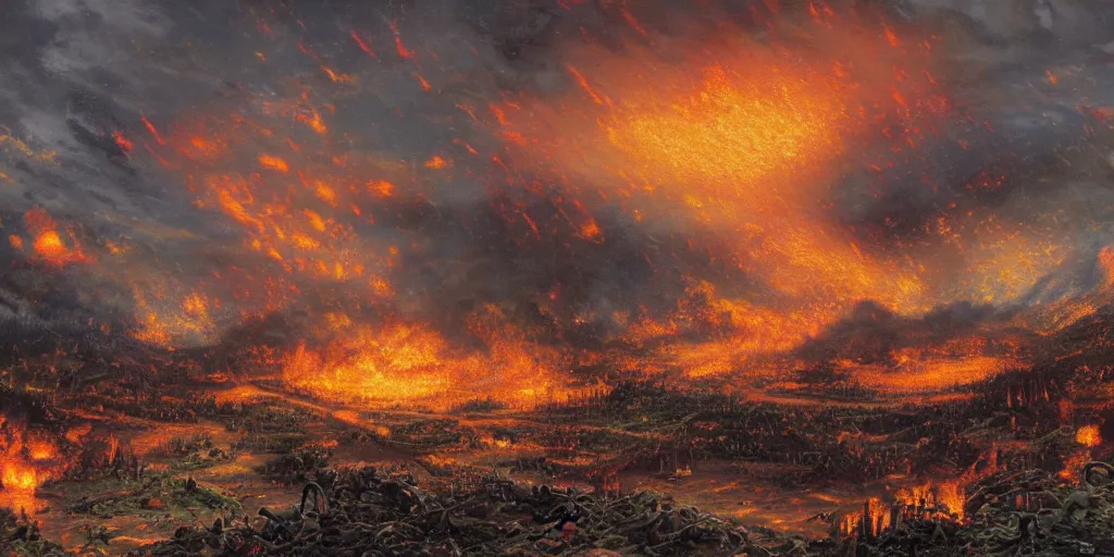 Prompt: war torn hellscape drawn by thomas kinkade, flames, explosions, military, wide frame, expansive landscape