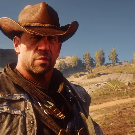 Prompt: a screenshot of vin diesel in red dead redemption 2 as arthur morgan