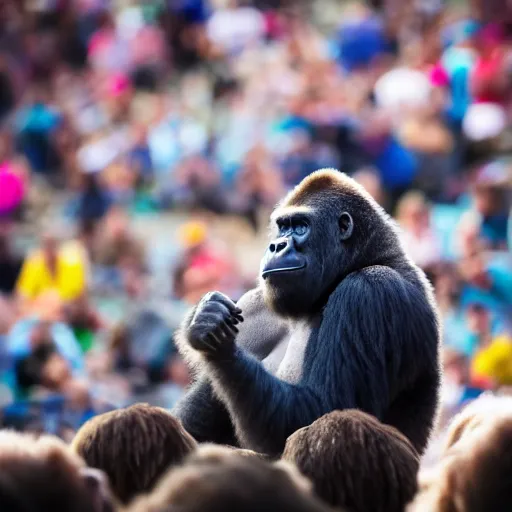 Image similar to a gorilla singing to a large crowd of people at an outdoor stadium concert. highly detailed. 8 5 mm f 1 1 canon eos