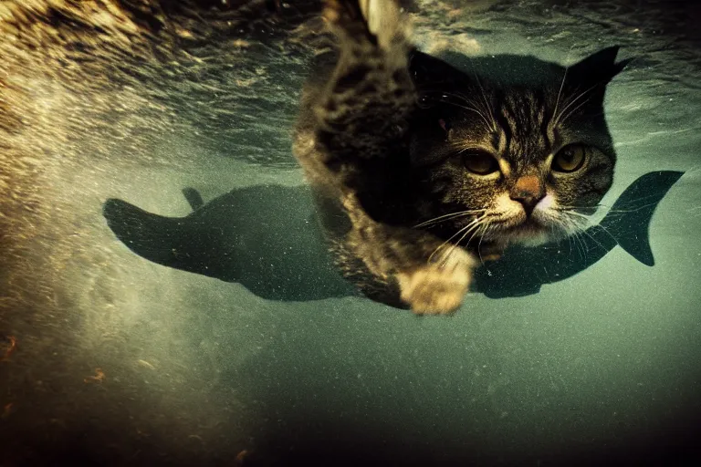 Image similar to a scuba diver cat swimming underwater, photo-realistic low lighting, creepy, vast, shot by a camera,