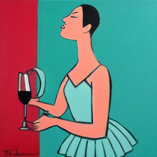 Image similar to square painting of a ballerina drinking wine in a teal room all on a red background