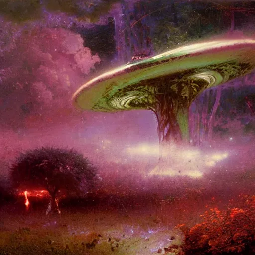 Image similar to a lovely picture of a mycelium alien by john berkey, by george inness, by john harris, purple and red and white gradient colour theme, trending on deviantart, rendered in blender, 8 k resolution