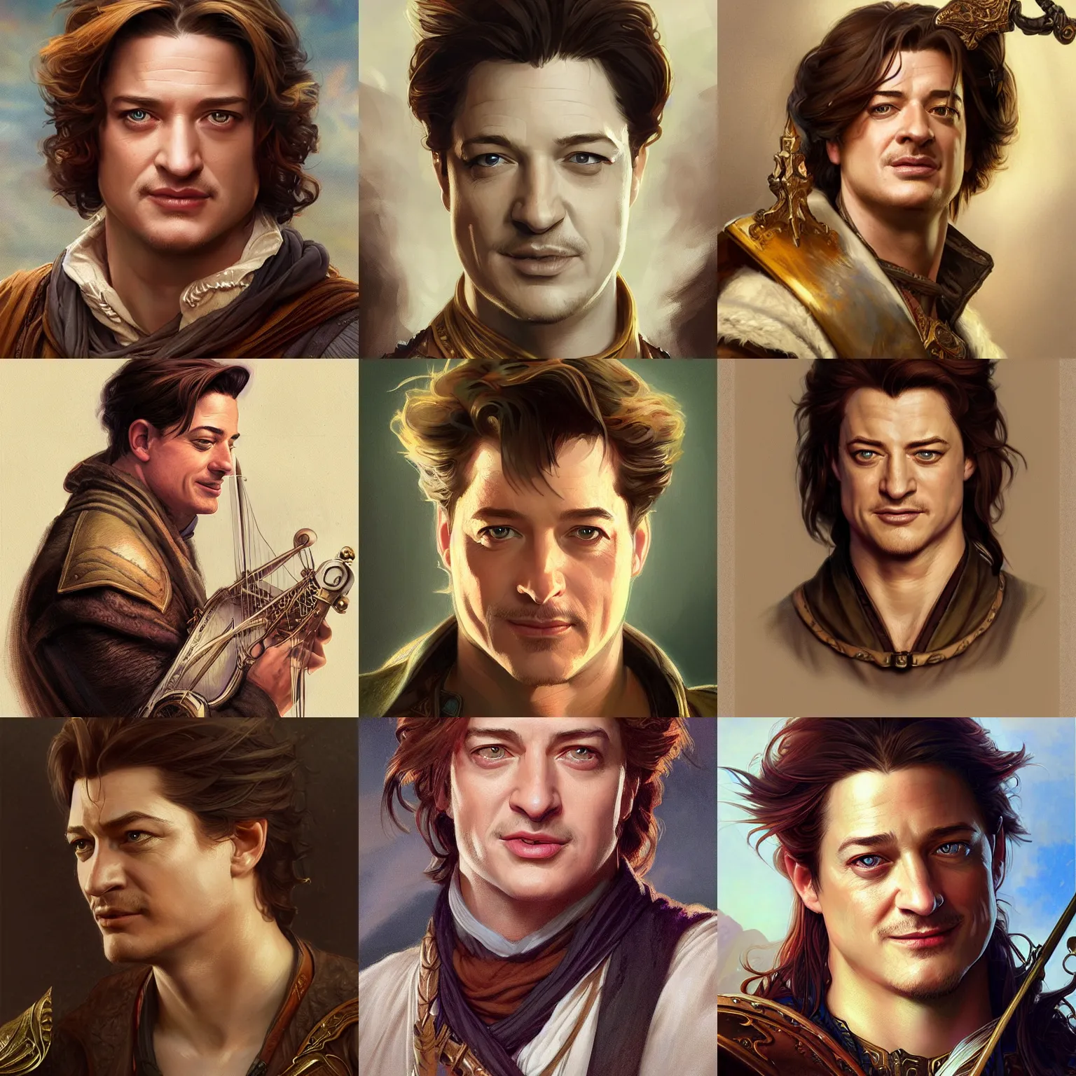 Image similar to smirking male bard, brendan fraser, portrait, D&D, fantasy, highly detailed, digital painting, artstation, concept art, sharp focus, illustration, art by artgerm and greg rutkowski and alphonse mucha