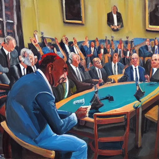 Image similar to prime minister's question time, by michael armitage, painting