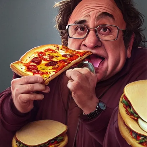 Prompt: portrait of danny devito eating pizza, highly detailed, digital painting, artstation, concept art, sharp focus, illustration, art by artgerm and greg rutkowski and alphonse mucha