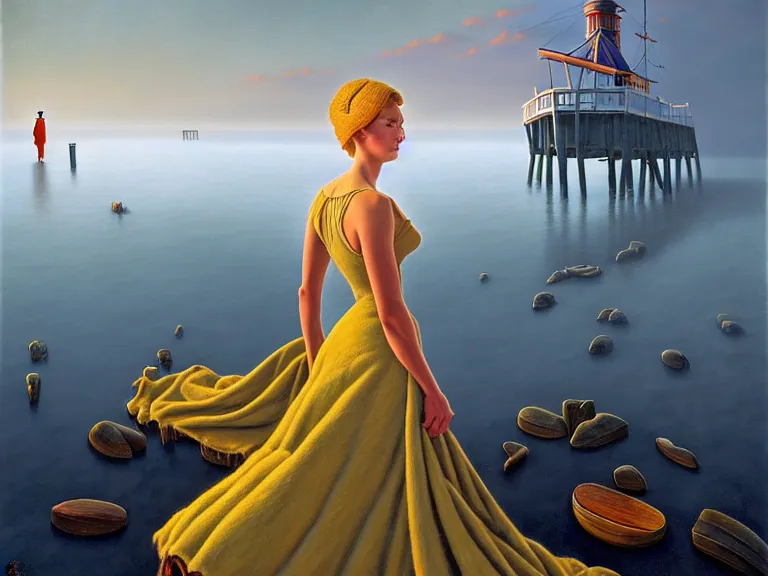 Prompt: a fancy beautiful woman standing on a wharf at the edge of a cold sea by rob gonsalves and vladimir kush and ruth deckard and gil elvgren and harry ekman and george petty and hilo chen, crisp details, hyperrealism, high detail, high contrast, low light, grey mist, cobblestones, dim lantern