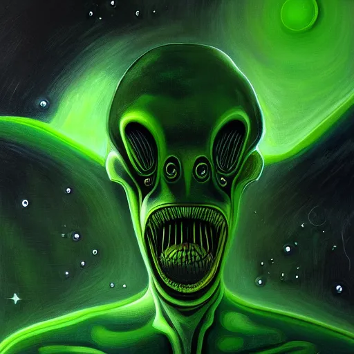 Image similar to a painting of a alien creature with a green background, an ultrafine detailed painting by h. r. giger, artstation, space art, reimagined by industrial light and magic, # vfxfriday, cosmic horror